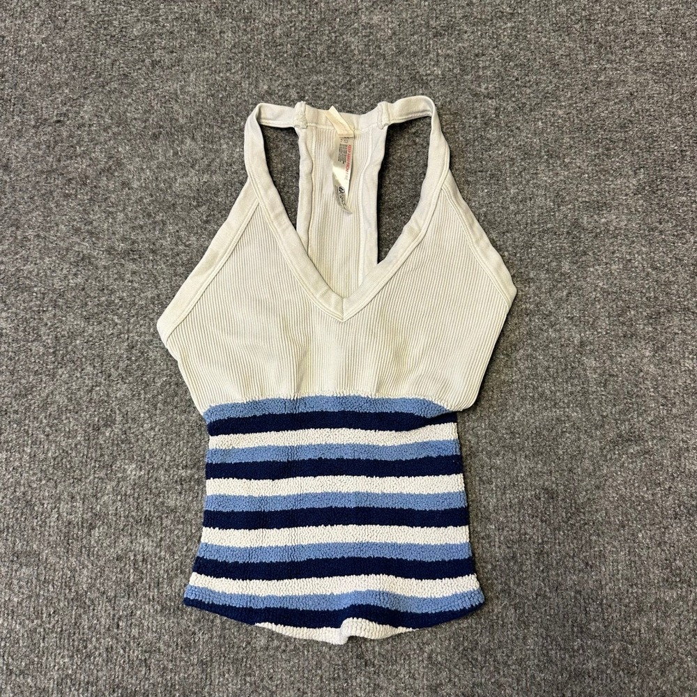 Free People Movement Tank Top Womens Size XS/S White Blue Striped Ribbed Smocked